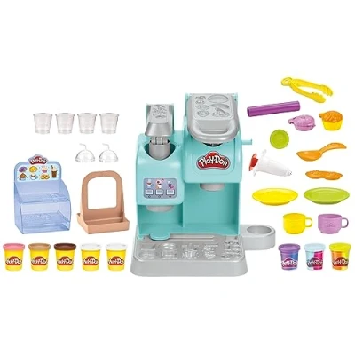 Abbildung von Play Doh Kitchen Creations Knetspaß Café, Bastel Set mit Spielzeug Kaffeemaschine 20 Accessoires und 8 Dosen zweifarbige Knete, kreatives für Kinder ab 3 Jahren