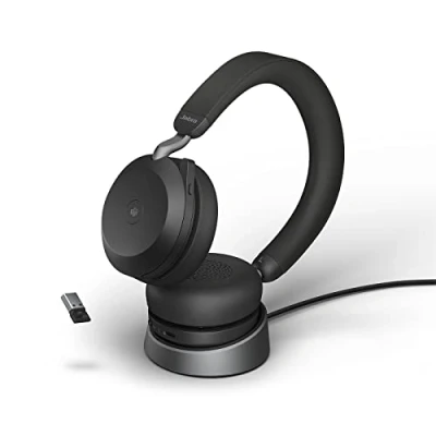 Abbildung von Jabra Evolve2 75 Wireless PC Headset mit Ladedock, 8 Mikro Technologie Dual Foam Stereo Kopfhörer moderner aktiver Geräuschunterdrückung, USB A Bluetooth Adapter und MS Kompatibilität Schwarz