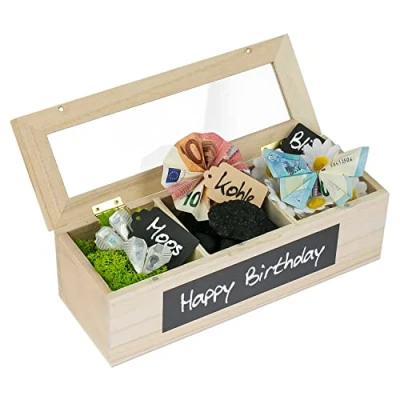 Abbildung von SURPRISA Schotter Schatulle 3er kreative Verpackung für Geldgeschenke und persönliche Geschenkbox zum Geburtstag oder zur Hochzeit Paulownienholz