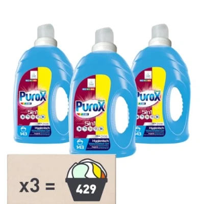 Abbildung von PUROX COLOR Konzentrat Gel (143 Waschladungen x3) Waschmittel für farbige Textilien, entfernt Flecken, vollständig ausspülbar, umweltfreundlich, kalkschutz, 4,3 l Multipack 3 Stück
