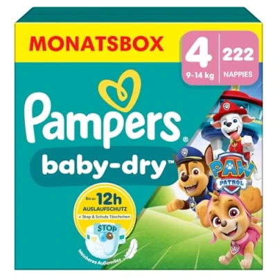 Abbildung von Pampers Paw Patrol (Baby Dry), Windeln Größe 4 (9kg 14kg), Limited Edition, 222 Windeln, bis zu 12h Rundum Auslaufschutz