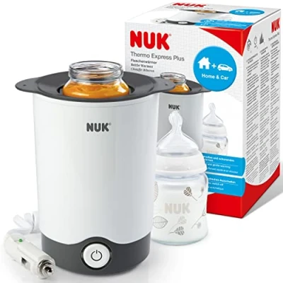 Abbildung von NUK Thermo Express Plus Flaschenwärmer, tragbar schonendes Erwärmen von flüssiger und breiförmiger Nahrung in 90 Sekunden automatische Abschaltung Korb zum Herausnehmen EU Stecker &amp; 12 V Reiseadapter