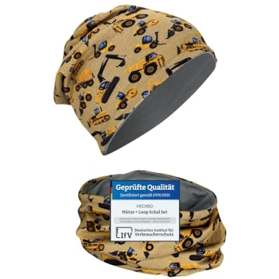 Abbildung von HECKBO Beanie Mütze Mädchen Schal Kinder Einhorn 95% Baumwolle wendebar mit Jersey Stoff Herbst Frühling Winter wendbar Übergangszeit