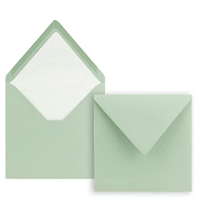 Abbildung von 50x Briefumschläge Quadratisch 16 x cm Eukalyptus Umschläge mit weißem Seidenfutter Kuverts ohne Fenster &amp; Nassklebung Für Einladungskarten zu Hochzeit und Geburtstag