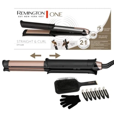 Abbildung von Remington ONE Glätteisen &amp; Lockenstab [2in1 Multistyler] Glätt /Lockenmodus mit zuschaltbarer beheizter Außenfläche (inkl. Bürste, Klammern, Handschuh, 150 230 digitales Display) Haarglätter S6078
