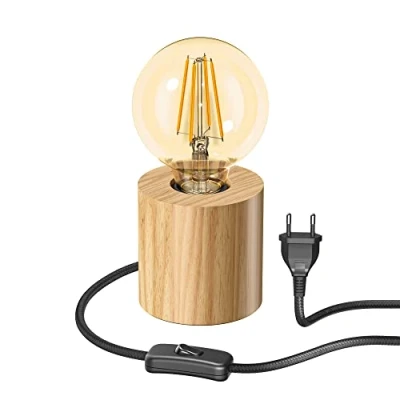 Abbildung von ledscom.de Tischlampe HITO, Holz massiv, rund, inkl. LED Lampe gold max. 818lm, 3 Stufen dimmen, extra warmweiß
