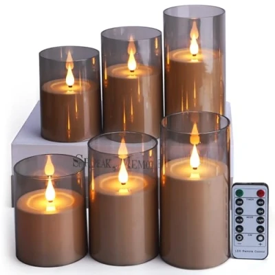 Abbildung von FREEPOWER 6er LED Kerzen Grau Acryl Glas mit Fernbedienung Timer Flackern Batteriebetrieben Flammenlose Stumpenkerzen Elektrische Warmweißes Licht, Ø8 x 10/10/12.5/12.5/15/15cm