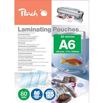 Abbildung von Peach Laminierfolien A6 80 mic 125 pouches glänzend Premiumqualität für beste Laminierergebnisse kompatibel mit Geräten aller Markenhersteller PP580 04P