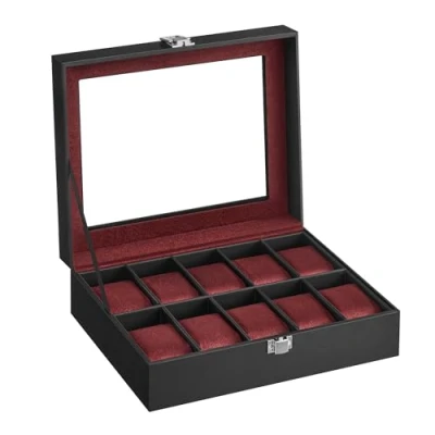 Abbildung von SONGMICS Uhrenbox mit 10 Fächern, Uhrenkasten, Glasdeckel, Uhrenkoffer, herausnehmbare Uhrenkissen, Metallverschluss, Geschenkidee, PU Bezug in Schwarz, Samtfutter Weinrot JWB010R01