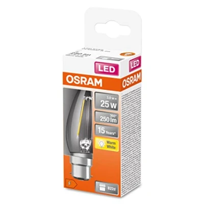 Abbildung von OSRAM LED Star Classic B25, klare Filament Lampe in Kerzenform, B22d Sockel, Warmweiß (2700K), Ersatz für herkömmliche 25W Glühbirnen, 1er Pack