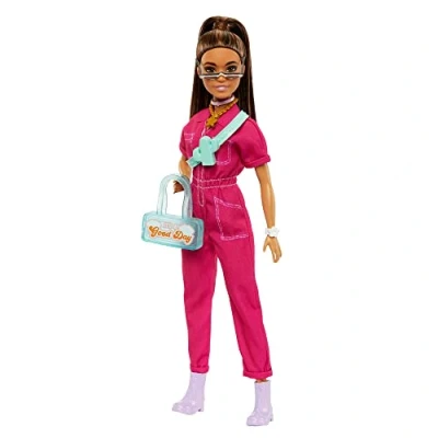 Abbildung von Barbie Fashionista Puppe in pinkem Jumpsuit mit Accessoires und Welpen für Styling Spaß Geschichtenerzählen, braune Haare Pony, Kinder ab 3 Jahren, HPL76