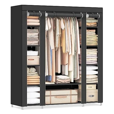 Abbildung von SONGMICS Kleiderschrank, Stoffschrank, mit Kleiderstange und Ablagen, Soffüberzug, für Schlafzimmer, Ankleidezimmer, 150 x 45 175 cm, schwarz LSF03H