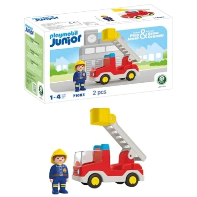 Abbildung von PLAYMOBIL JUNIOR Feuerwehrleiterfahrzeug nachhaltiges Spielzeug für Kinder ab 1 Jahr inkl. drehbarer Leiter und Feuerwehrmann 71683