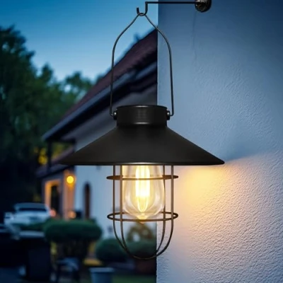 Abbildung von pearlstar Solarlaterne für Außen Hängend Vintage Metall Solarleuchten Gartenleuchte mit Warmen LED Lampen Outdoor Garten Hof Terrasse Baumdekoration, Solar Landschaftsbeleuchtung (Schwarz)