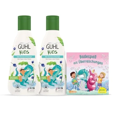 Abbildung von Guhl Kids Dino Vorteils Set 2x 2 in 1 Shampoo &amp; Duschgel, 250ml + 1x Pixi Buch Speziell für Kinder entwickelt Kein Ziepen Cosmos Natural zertifiziert