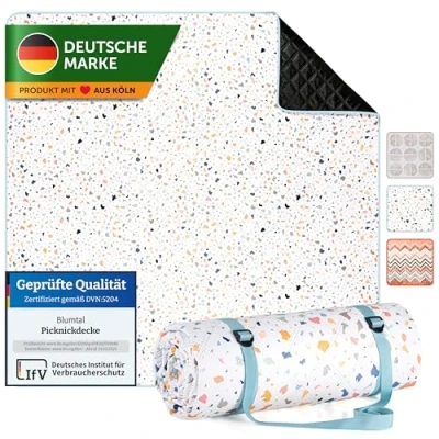 Abbildung von Blumtal Premium Picknickdecke wasserabweisend 200x200 cm Boho &amp; Terrazzo Design waschbare Stranddecke + weiche Zwischenfüllung Campingdecke aus Oxford Gewebe Decke Kreise