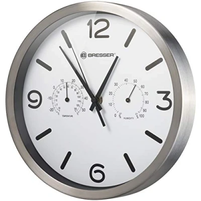 Abbildung von Bresser Funkuhr Wanduhr MyTime ND Thermo Hygro mit geräuschlosem Funkuhrwerk, Edelstahlrahmen und Anzeige für Temperatur Luftfeuchtigkeit, Weiß