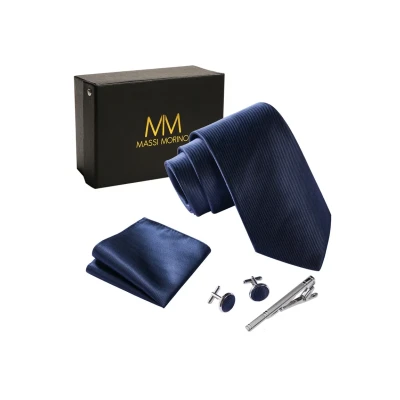 Abbildung von Massi Morino Krawatte Dunkelblau mit Einstecktuch Set Herren inkl. Manschettenknöpfe, Krawattennadel und Geschenkbox Männer Krawattenset