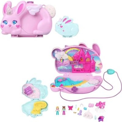 Abbildung von Polly Pocket tragbares Reisespielzeug mit 2 Mikropuppen und 12 Zubehörteilen inklusive Tieren, in 1 Spielset Bunny Fun Taschen Schatulle, Thema Häschen Einhorn, JFT88