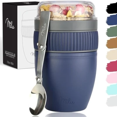 Abbildung von Milu Müslibecher to go 400ml MüsliMax Plastik Joghurtbecher für Müsli I auslaufsicherer Becher mit Löffel Yoghurt/Porridge (Navyblau)