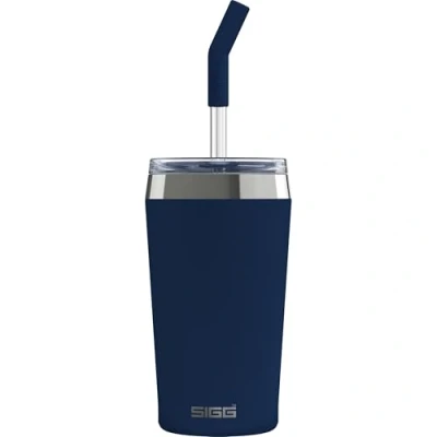 Abbildung von SIGG Helia Kaffeebecher to go (0.45 L / 0.6 L), doppelwandig isolierter Thermobecher mit Glas Strohhalm, auslaufsicherer Tumbler aus Edelstahl für heisse &amp; kalte Getränke, Night Ink