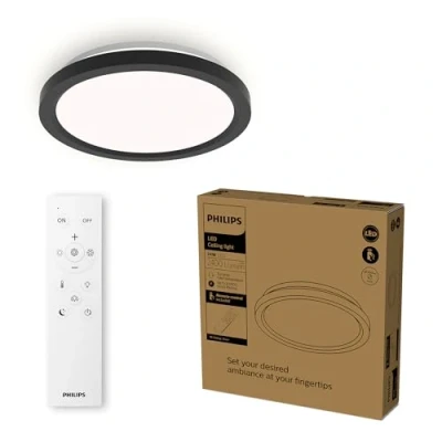 Abbildung von Philips LED Deckenleuchte mit Fernbedienung, rund, 30 cm, dimmbar, Tunable White, Wohnzimmer, Schlafzimmer, kein Flimmern oder Blenden, modernes Design, schwarz, 1er Pack