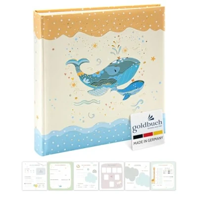 Abbildung von goldbuch 15 395 Babyalbum Blue Whale, Babybuch 30 x 31 4 cm, Fotoalbum mit 58 weißen Blankoseiten und illustrierten Seiten, Einband aus Kunstdruck Wal Motiv, Album, Fotobuch Beige Blau