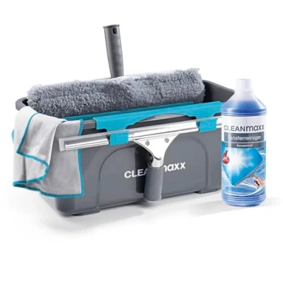Abbildung von CLEANmaxx Fensterreiniger Set 7 TLG. Fensterputzer für Oberflächen in Haus &amp; Auto inklusive Fensterabzieher, Fensterwischer, Reiniger, Wischtuch, Eimer 2 Halterungen Wischer Abzieher