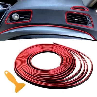 Abbildung von Rot Zierstreifen Auto Autodeko LKW Zubehör Innenraum Tuning Frauen Mann Moulding Line Deko DIY Filler Flexible Strip, Universal mit Installation Tool,5M