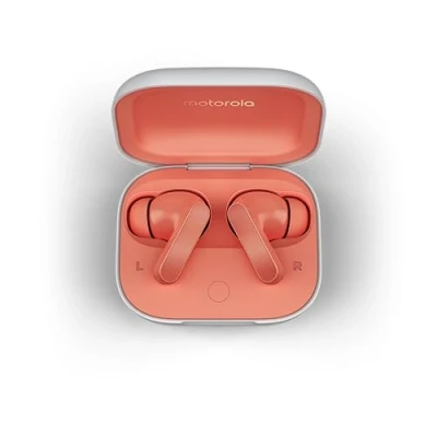 Abbildung von Motorola Moto Buds (Bluetooth 5.3 Earbuds, Hi Res Sound, Dolby Atmos, aktive Geräuschunterdrückung, kabelloses Laden, bis zu 42 Stunden Akkulaufzeit, 3 Fach Mikrofonsystem) Coral Peach