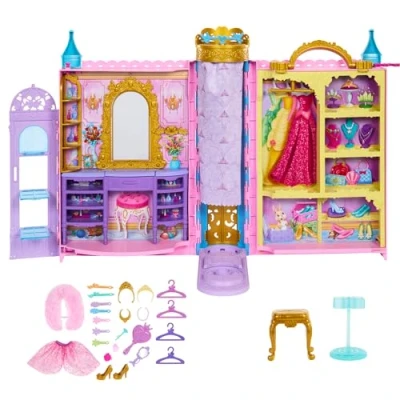 Abbildung von Mattel Disney Prinzessin Schrankspielset mit 2 Kleidungsstücken, 25 Zubehörteilen, Frisiertisch, Ankleidezimmer, Laufsteg und Aufbewahrung, erweiterbar auf bis zu ca. 60 cm, vom Film inspiriert HXC20