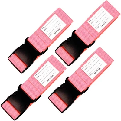 Abbildung von OW Travel Kofferband Gurt Schwerlast Personalisierter Koffergurt mit Adressschild. Luggage Strap Gepäckgurt Koffer Kofferbänder Koffergurte Farbig 4 Stück Pink