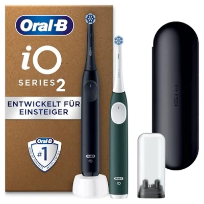 Abbildung von Oral B iO Series 2 Elektrische Zahnbürste, Electric Toothbrush, DUO Pack, 2. Handstück, 3 Putzmodi für Zahnpflege, Reise Etui, Aufsteckbürsten Designed by Braun, Night Black, Forest Green