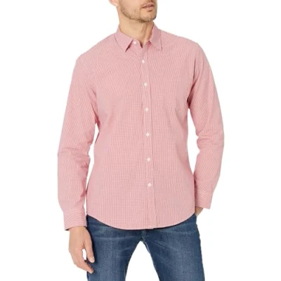 Abbildung von Amazon Essentials Herren Lässiges langärmeliges Popeline Hemd Normale Passform, Rot Vichy Muster, XL