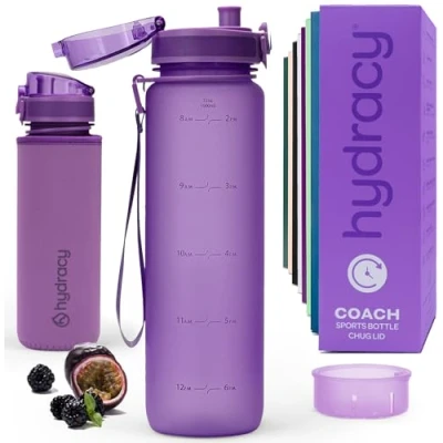 Abbildung von Hydracy Trinkflasche mit Fruchteinsatz 1L Wasserflasche BPA freie Zeitmarkierung Auslaufsichere Sportflasche Kondensationsfrei für Sport und Outdoor