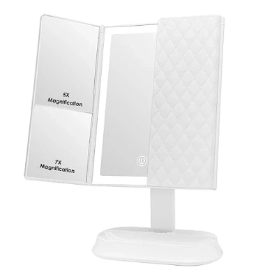 Abbildung von Auxmir Schminkspiegel mit Beleuchtung, Faltbar 1X/5X/7X Kosmetikspiegel, 60 Stück LED Tischspiegel 3 Lichtfarben und Dimmbare Helligkeit, Duale Unterstützung USB Batterie, Weiß