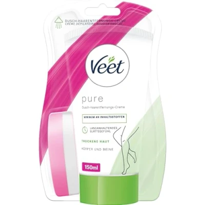Abbildung von Veet Pure Dusch Haarentfernungscreme für Körper, Arme &amp; Beine Enthaarungscreme die Dusche, trockene Haut 150 ml inkl. Schwamm