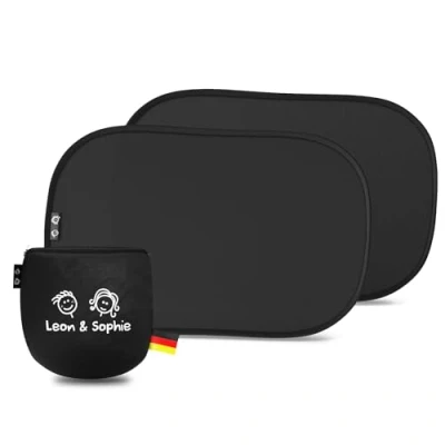 Abbildung von Sonnenschutz Auto Baby ZERTIFIZIERTER UPF50+ UV Schutz DEKRA geprüft &amp; KBA zugelassen Nachhaltiges Hochwertiges GSM105+ Nylon Doppelte Schutzwirkung Kinder ohne Saugnapf