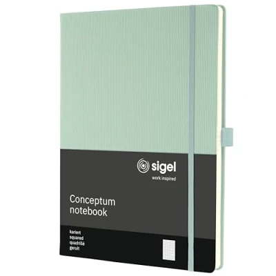 Abbildung von SIGEL CO680 Premium Notizbuch kariert, A4, Hardcover, grün, aus nachhaltigem Papier, Conceptum mit Seitenzahlen, Inhaltsverzeichnis, Stiftschlaufe, Falttasche