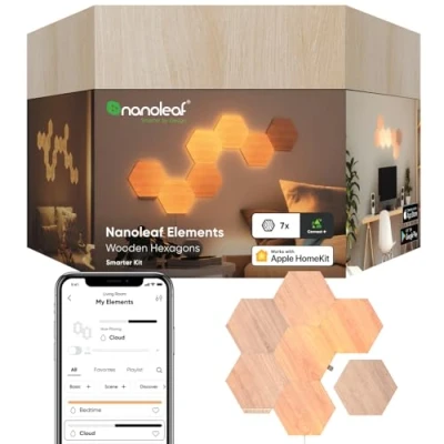 Abbildung von Nanoleaf Elements Hexagon Starter Kit, 7 Smarten Holzoptik LED Panels Modulare Dimmbare WLAN Wandleuchte Innen, Musik Sync, Funktioniert mit Alexa Google Apple, Deko Wohnzimmer Schlafzimmer Büro