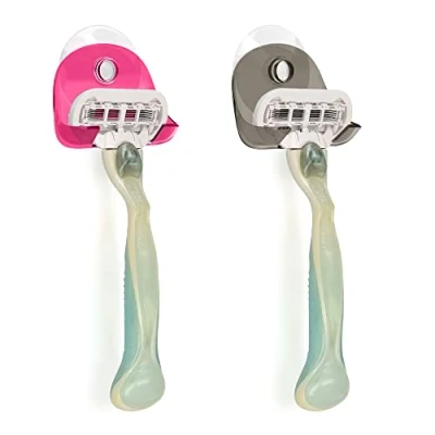 Abbildung von kwmobile 2x Saugnapf Halterung für Rasierer Glas und Fliesen Nassrasierer Halter Set Wand Haken in Schwarz Pink Transparent