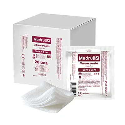 Abbildung von Medrull Mulltupfer Steril Kompressen 5cm x Nicht klebende Wundauflagen Extra saugfähig 8 lagig Verpackt 5 Stück 20 Papierbeuteln (100 Stück)