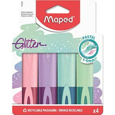 Abbildung von Maped Textmarker, Leuchtmarker FLUO PEPS PASTELL Glitter x4 Marker mit Partikeln (grün, hellblau, lila, rosa)
