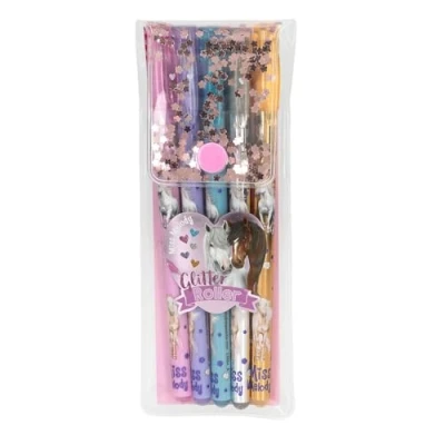 Abbildung von Depesche 13364 Miss Melody Glitter Gelstifte Set im transparenten Täschchen, mit Druckknopf Verschluss, 5 Stifte in Glitzerfarben zum Schreiben und Verzieren