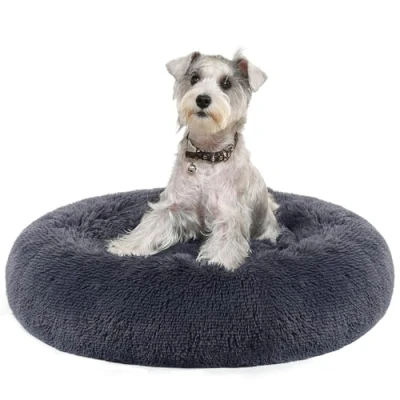 Abbildung von Feandrea Hundebett flauschig, Katzenbett, Donut Kissen, waschbar, Polsterung in der Mitte herausnehmbar, Langer Plüsch, 70 cm Durchmesser, dunkelgrau PGW039G02