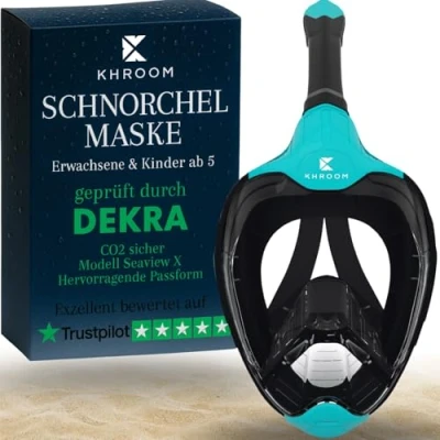 Abbildung von Khroom Schnorchelmaske für Erwachsene &amp; Kinder von DEKRA geprüfte CO2 Sicherheit Vollmaske Seaview X Tauchmaske Schnorchelausrüstung/Schnorchelset Alternative (S/M, Türkis)