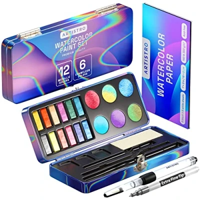 Abbildung von Artistro Metallisch Aquarellfarben Set, 18 Farben, Malset, 12 Metallic Glitzer und 6 Chamäleonfarben. Ideales Reise Wasserfarben Set für Künstler, Hobby Bastler Malerei Liebhaber