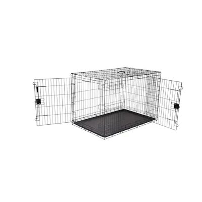 Abbildung von Amazon Basics Zusammenklappbarer Hundekäfig aus Metalldraht mit Bodenschale, Doppeltür, Schwarz, L 122 x B 76 H 83 cm