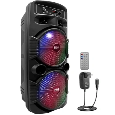 Abbildung von Pyle Bluetooth Lautsprecher PA Anlage, Karaoke Maschine, Musikbox Groß, Partybox, Dual 8 Subwoofer, Tragbare Musikboxen 600W mit wiederaufladbaren Akku &amp; Party Lichtern, USB/3.5mm AUX/Mic, FM Radio