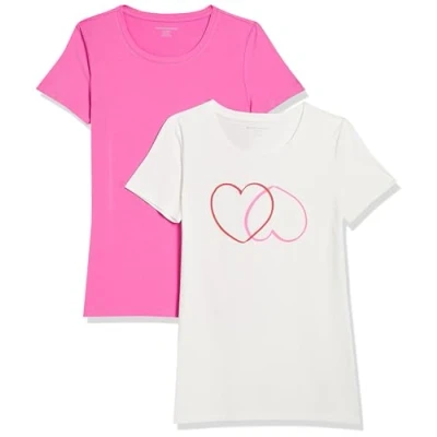Abbildung von Amazon Essentials Damen Kurzärmeliges T Shirt mit Rundhalsausschnitt, Klassischer Schnitt, 2er Pack, Rosa/Weiß Herzen, L